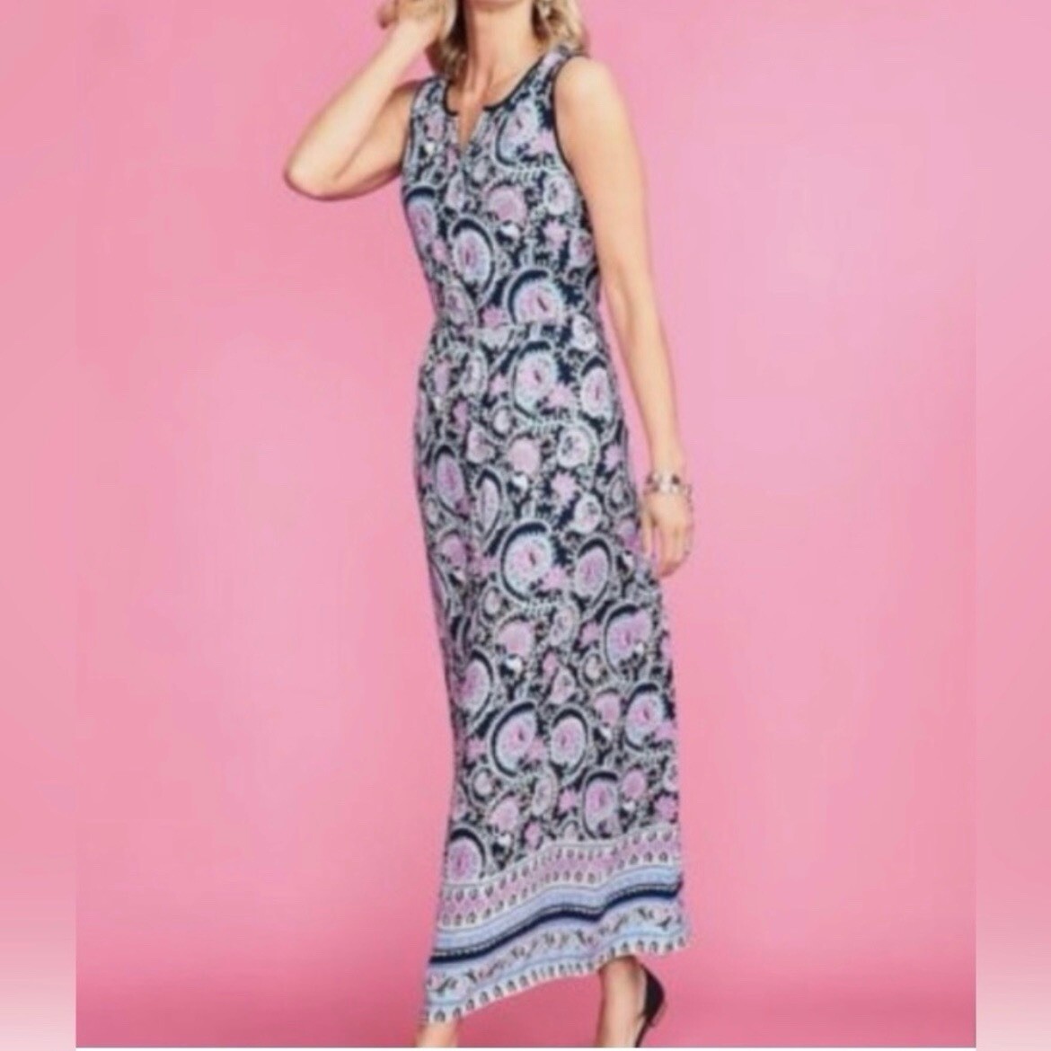 Talbots Blue Pink Paisley Border Hem Sleeveless Maxi Dress Size 12