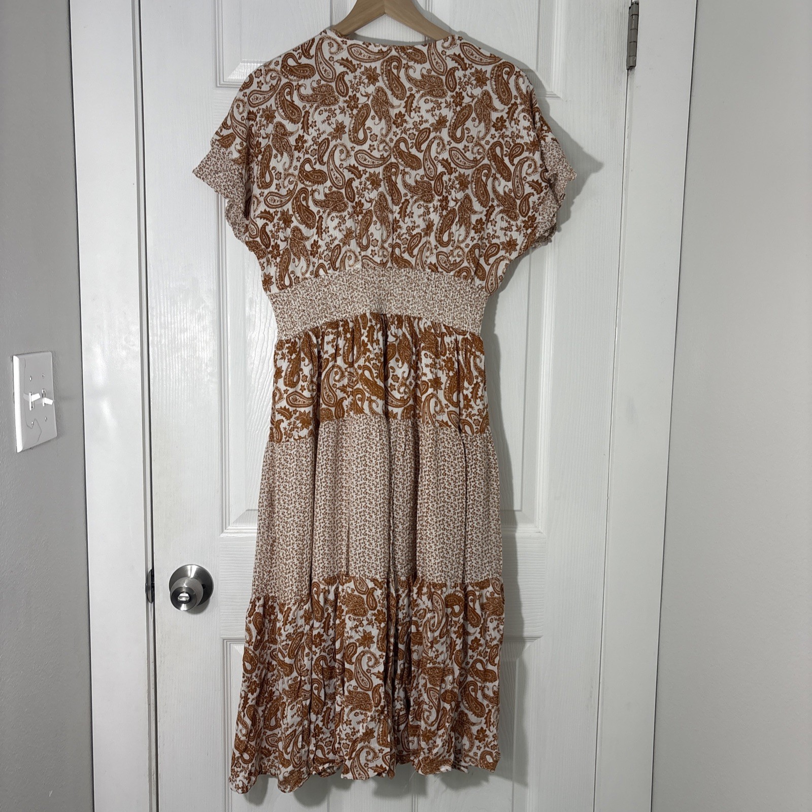 J GEE Rust Orange White Floral Bohemian Maxi Dress Lined V-Neck Flutter L Womens