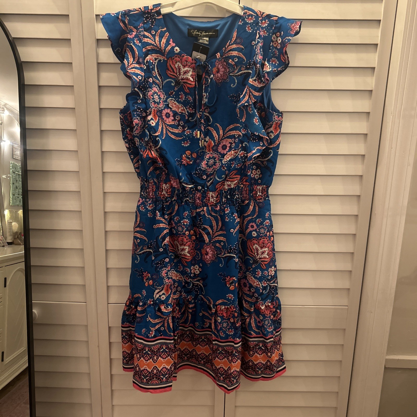 Falling Flowers Boutique Sleeveless Dress Large Blue Floral Boho Ruffles Midi