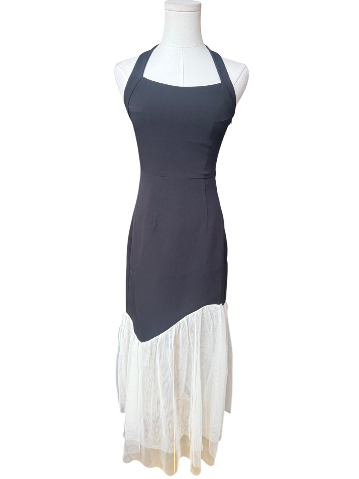 Commense Mixed Media Halter Midi Dress XS NWT Asymmetrical Sheer Dark Coquette