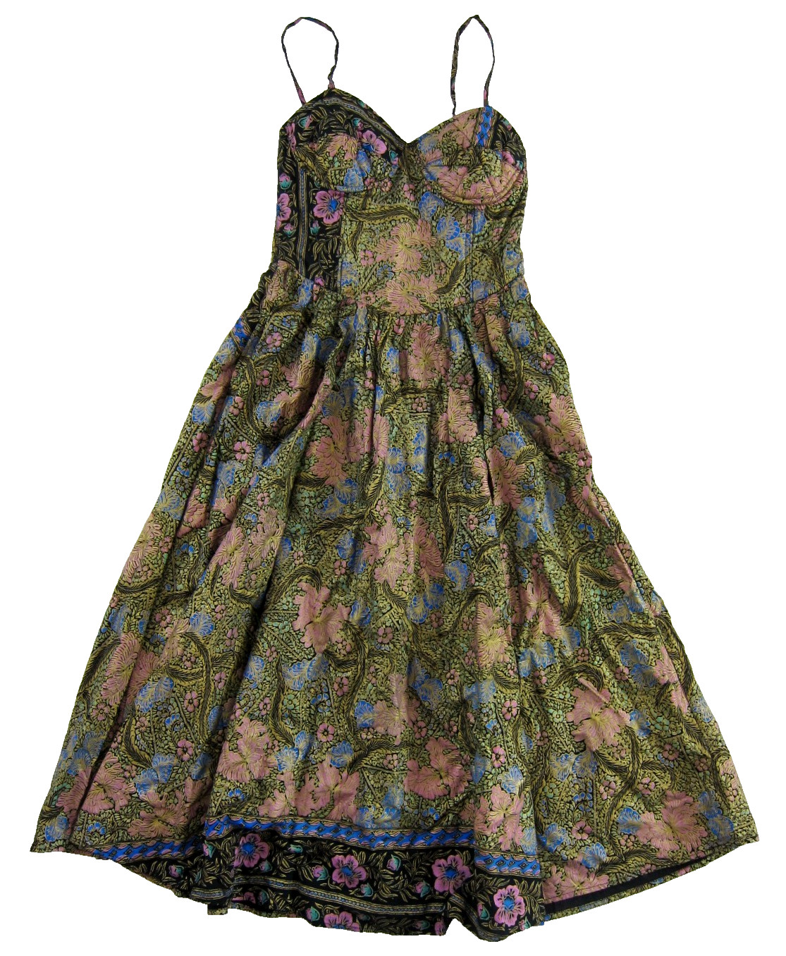 VTG Yazdi Indonesia Black Gold Pink Blue Floral Pocket Sweetheart Midi Dress M