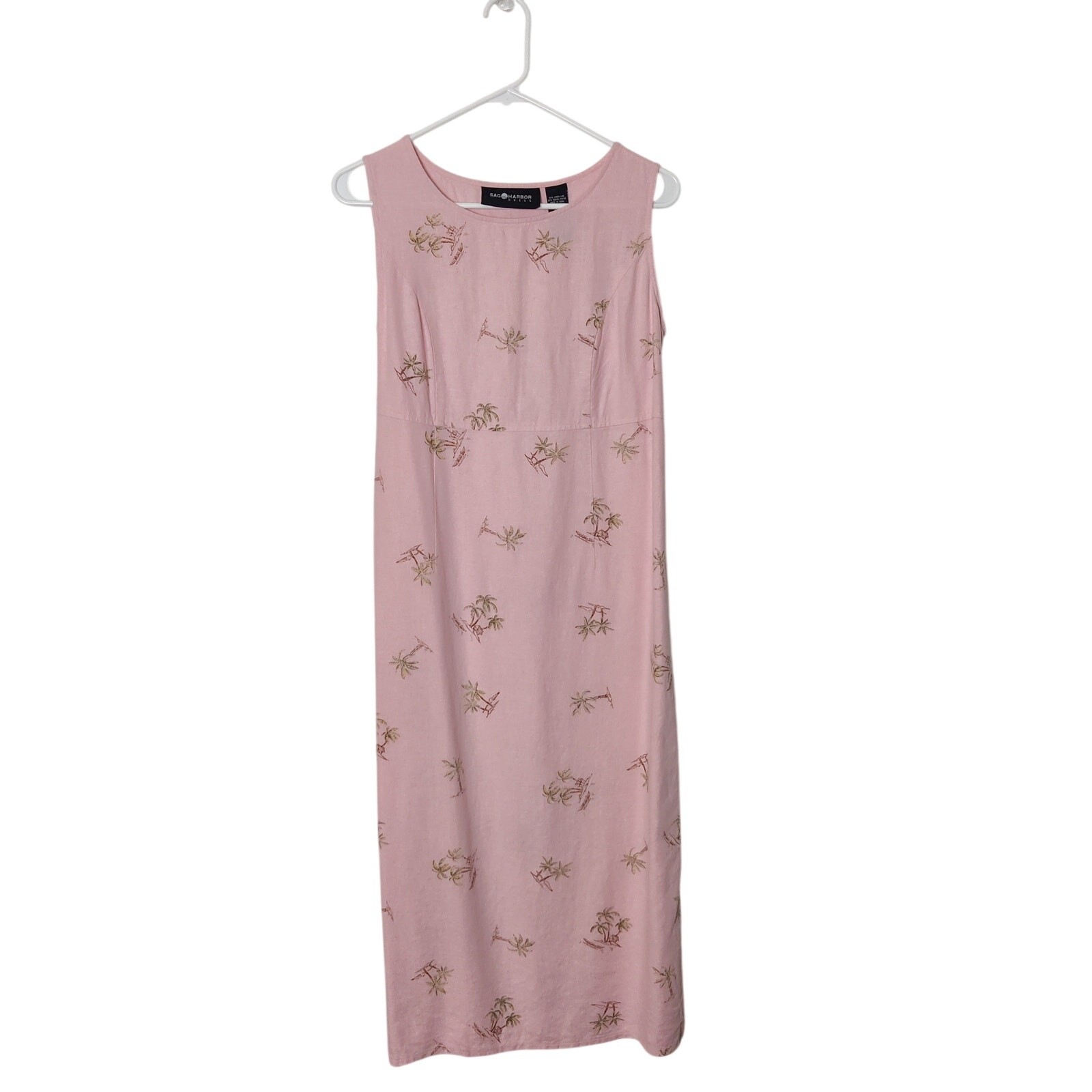 Vtg 90s Sag Harbor Linen Blend Pink Tropical Palm Tree Midi Sun Dress 10 Beachy