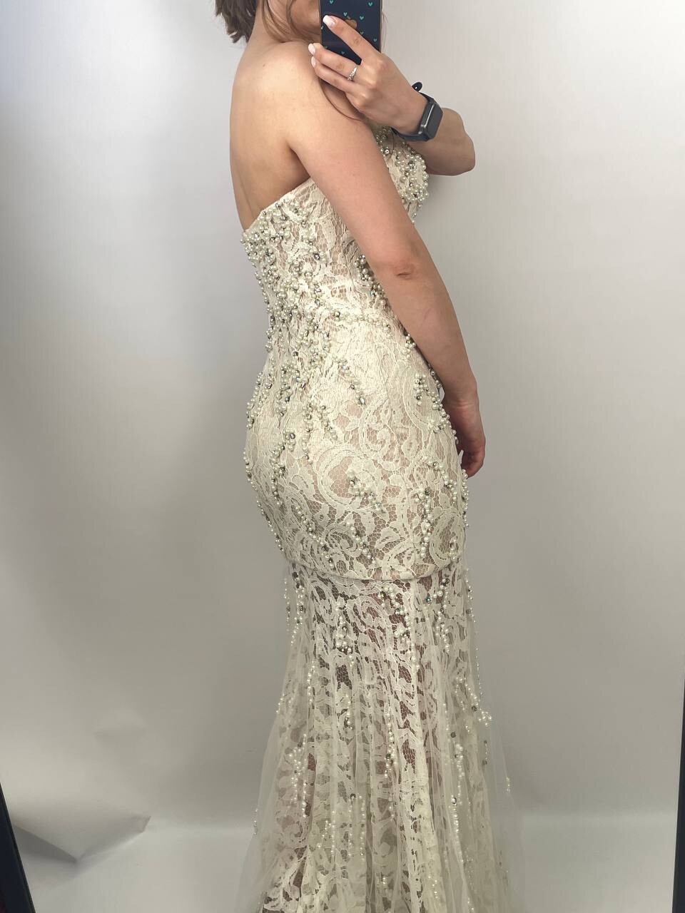 Jovani Strapless Lace Gown Beaded Pearl Nude Ivory Dress Sz 4 Small Prom Formal