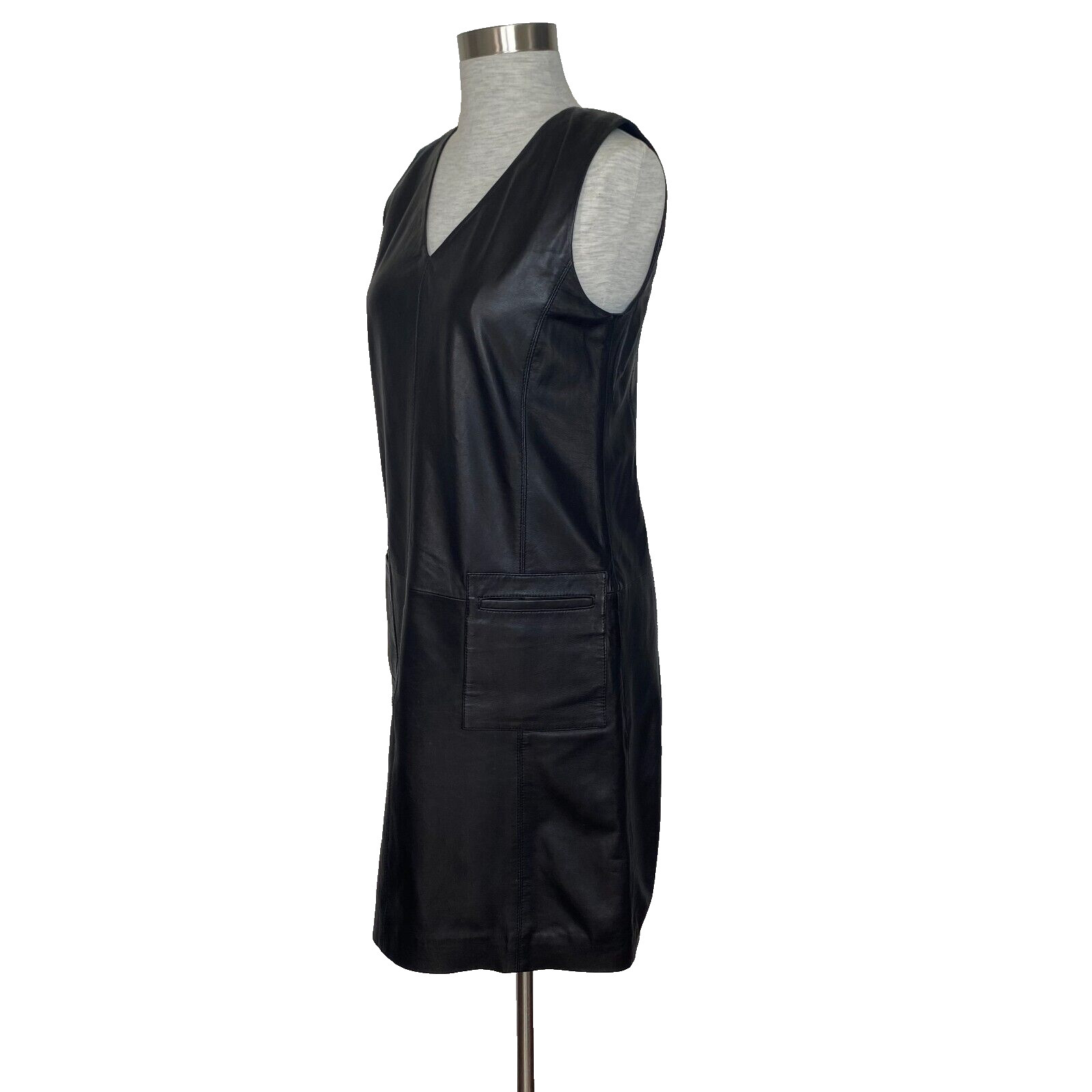 Halogen Black Leather A Line Sheath Dress Womens XS Sleeveless Knee Length VGC