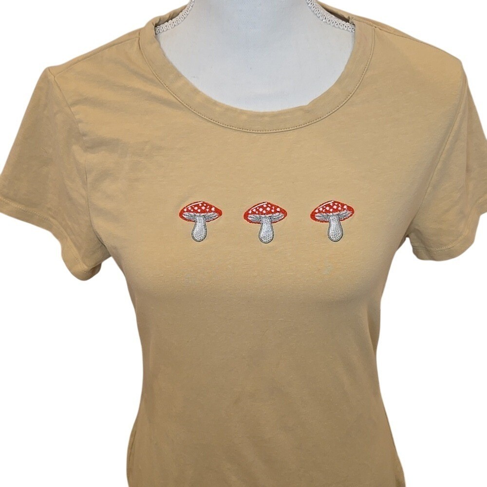 Rebellious One Tan Short Sleeve Fitted Jersey Mushroom Print Dress – Size Medium