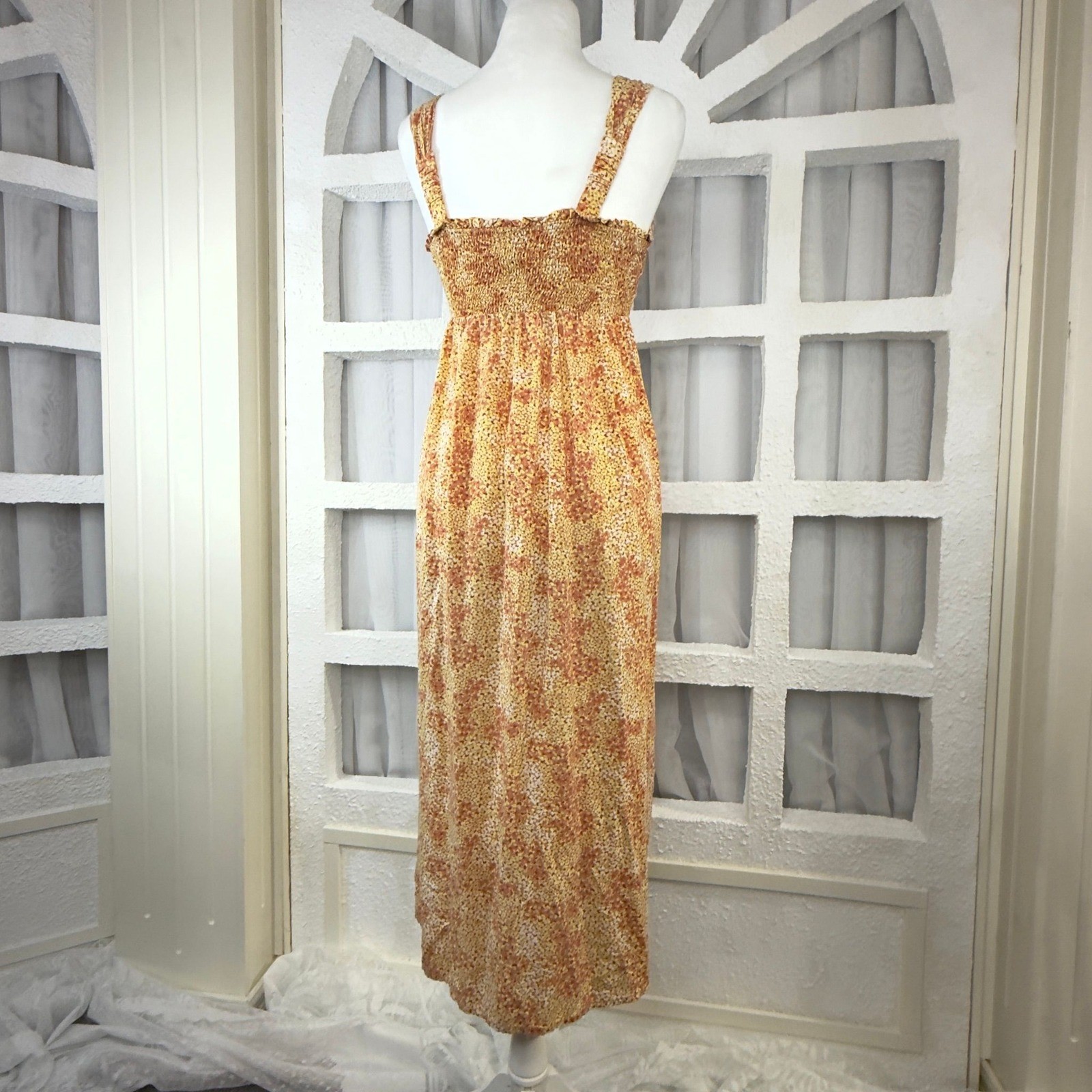 Yellow Orange Floral Button Down Midi Dress Smocked Back Sleeveless Square Neck