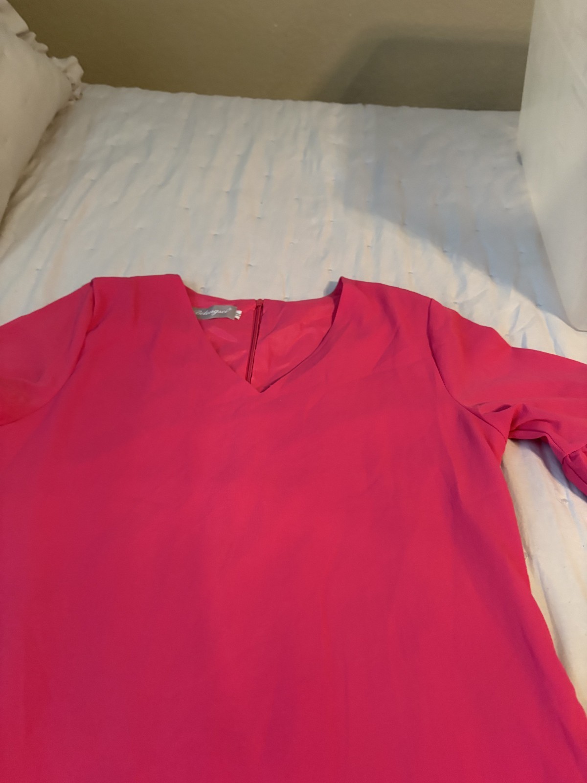 Belongsci M Shift Dress Pink Solid V-Neck 3/4 Ruffle Sleeve Chiffon BACK ZIP