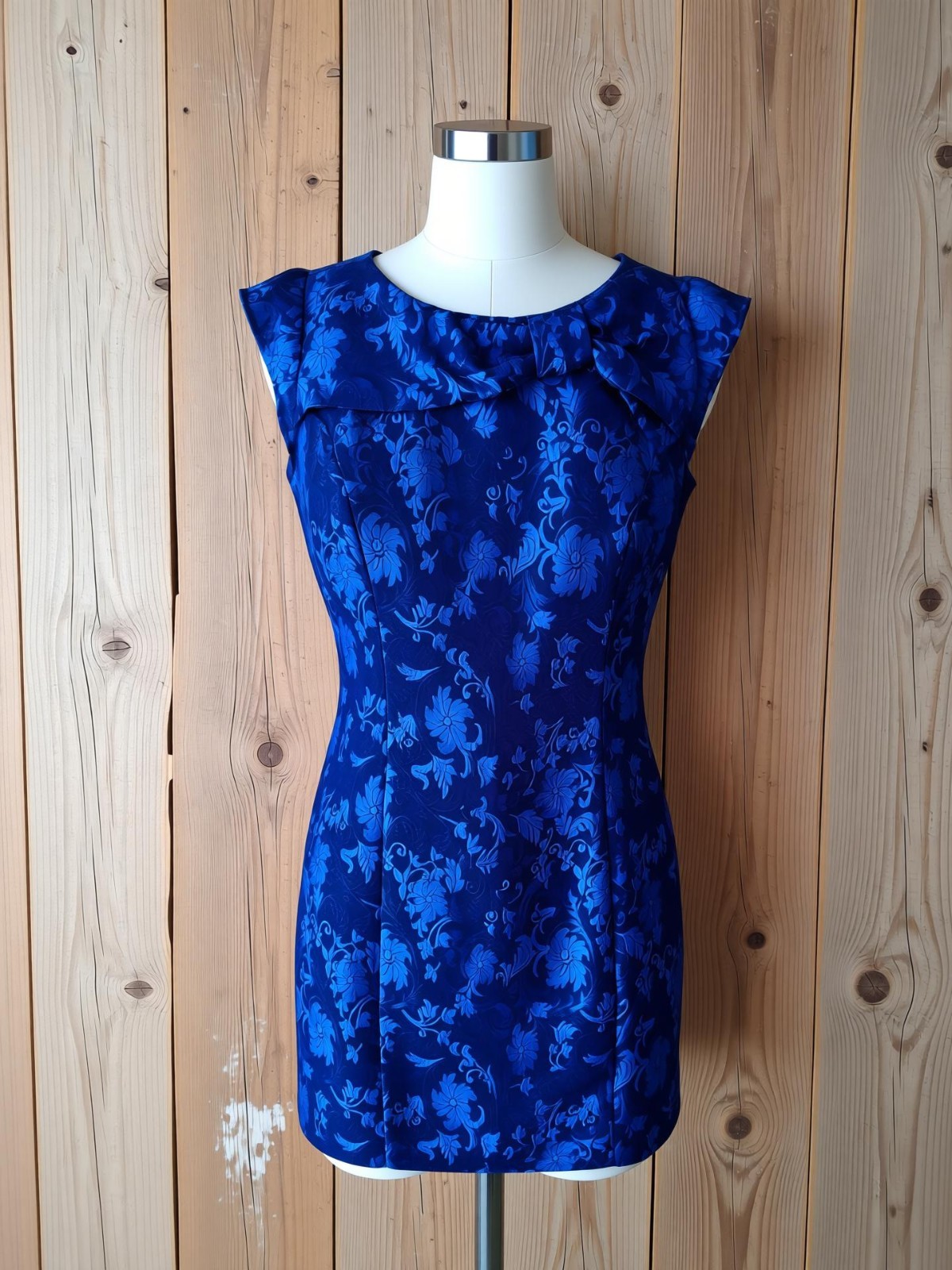 Karin Stevens Vintage Size 6 Royal Blue Floral Brocade Jacquard Bow Sheath Dress