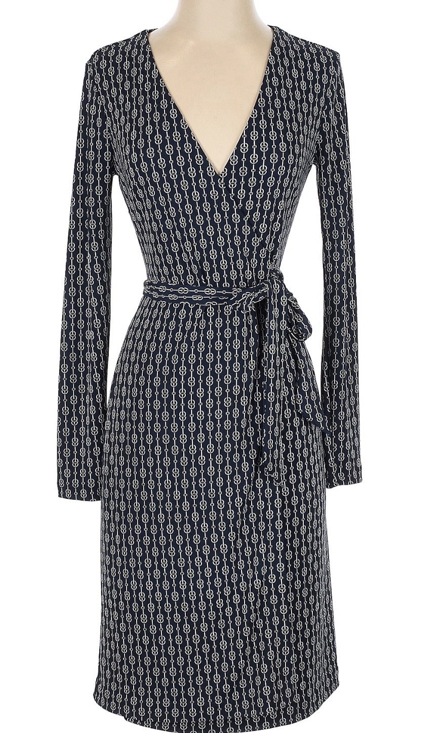 NEW Ann Taylor Dress Size 4P Petite Jersey Wrap Chain Link Navy Blue Long Sleeve