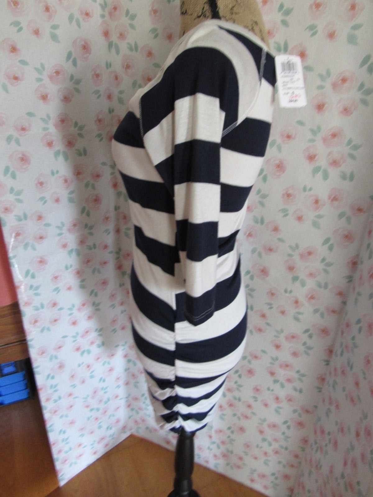 WINDSOR, JUNIOR’S NEW Navy/White Poly Bl Striped 3/4 Sleeved Striped Dress, Sz S