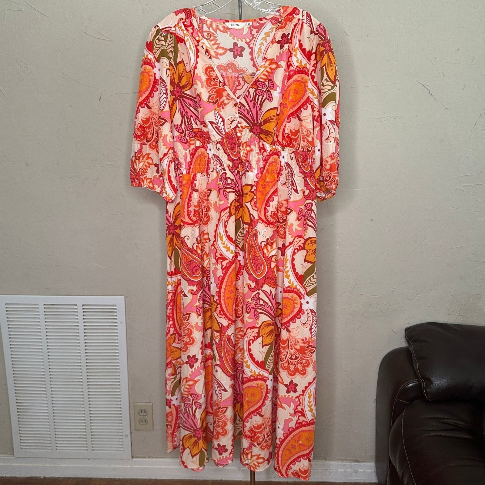 KorMei Pink Orange Floral Paisley Smocked Waist Maxi Dress Womens XL V-Neck