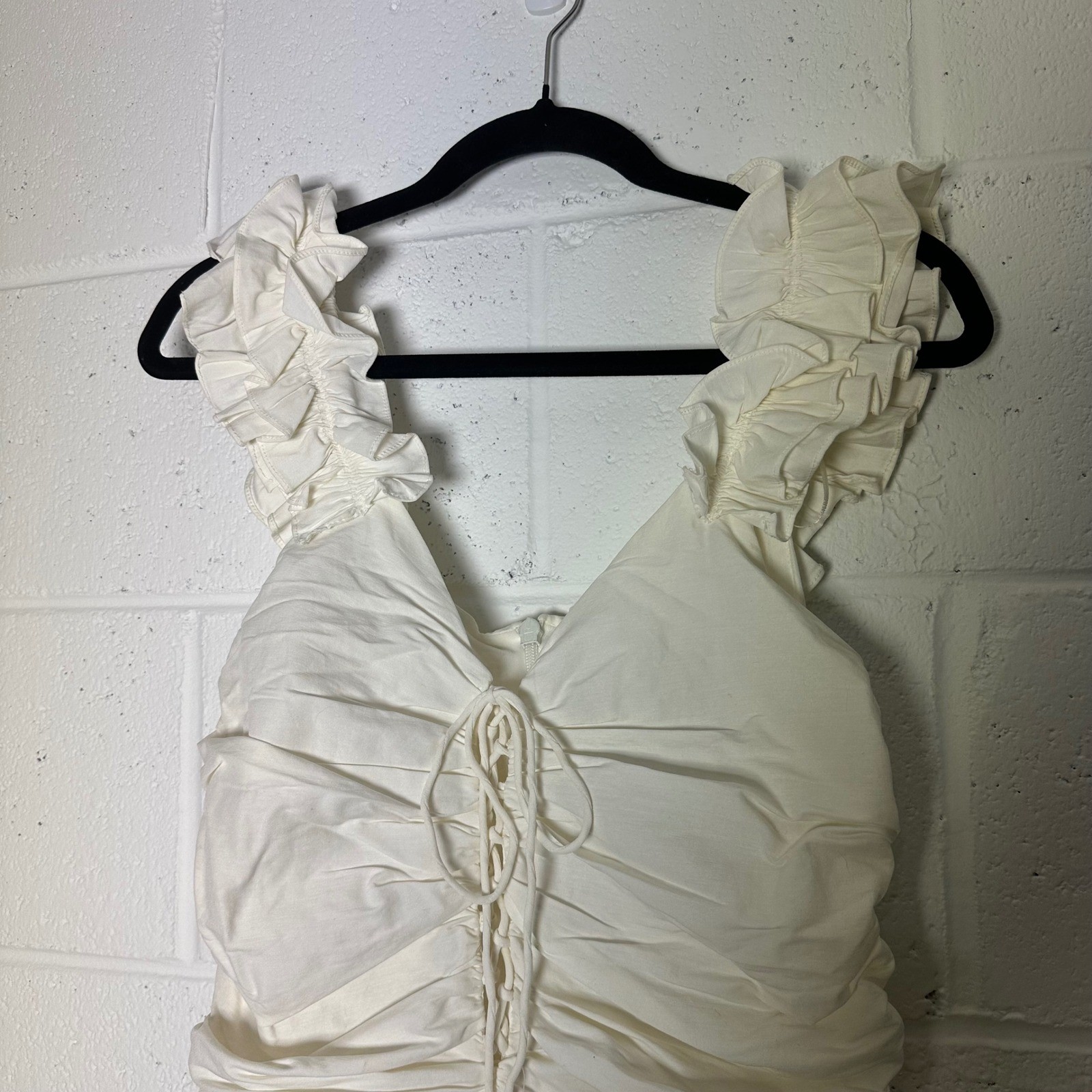 Zara White Ruched Ruffle Mini Dress Lace Up Front Sleeveless large