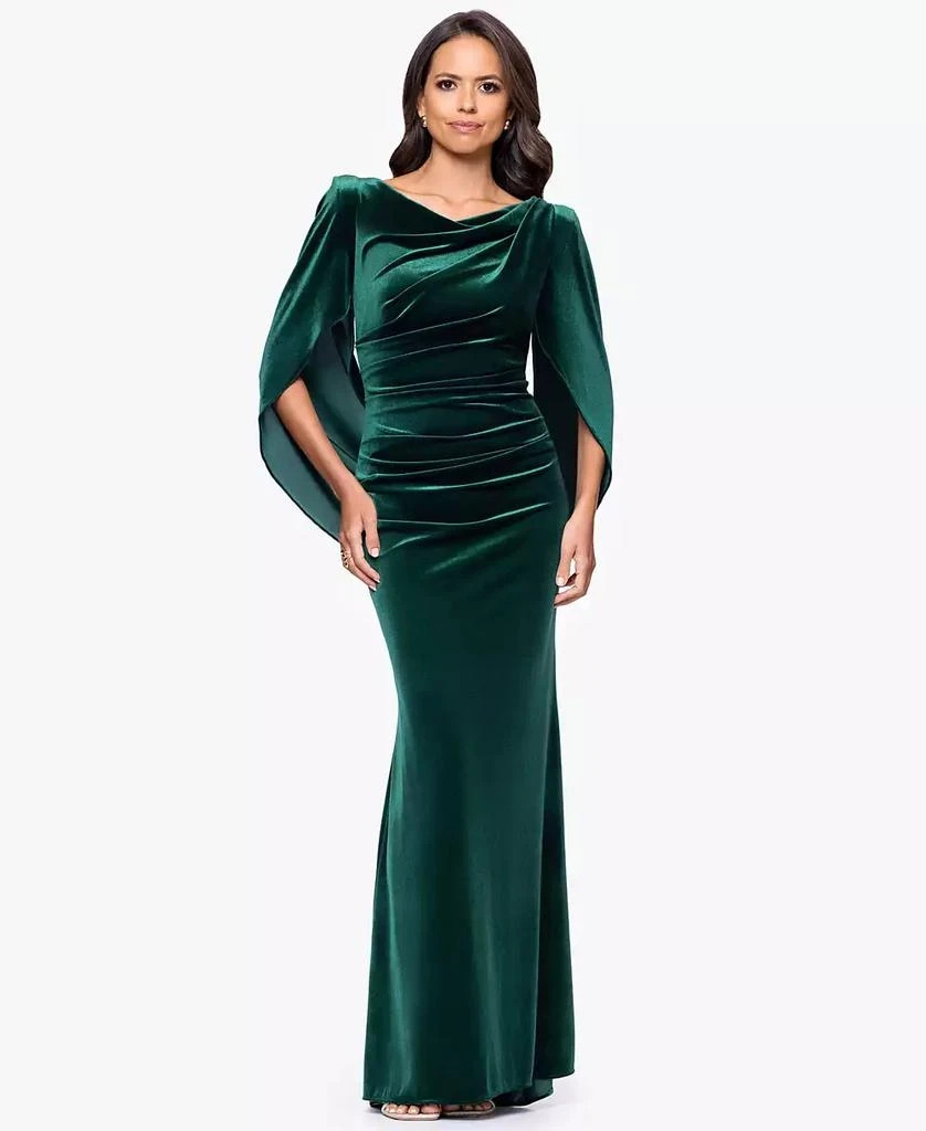 Betsy & Adam B&A Hunter Green Velvet Cape Long Sleeve Trumpet Gown Size 12P $179