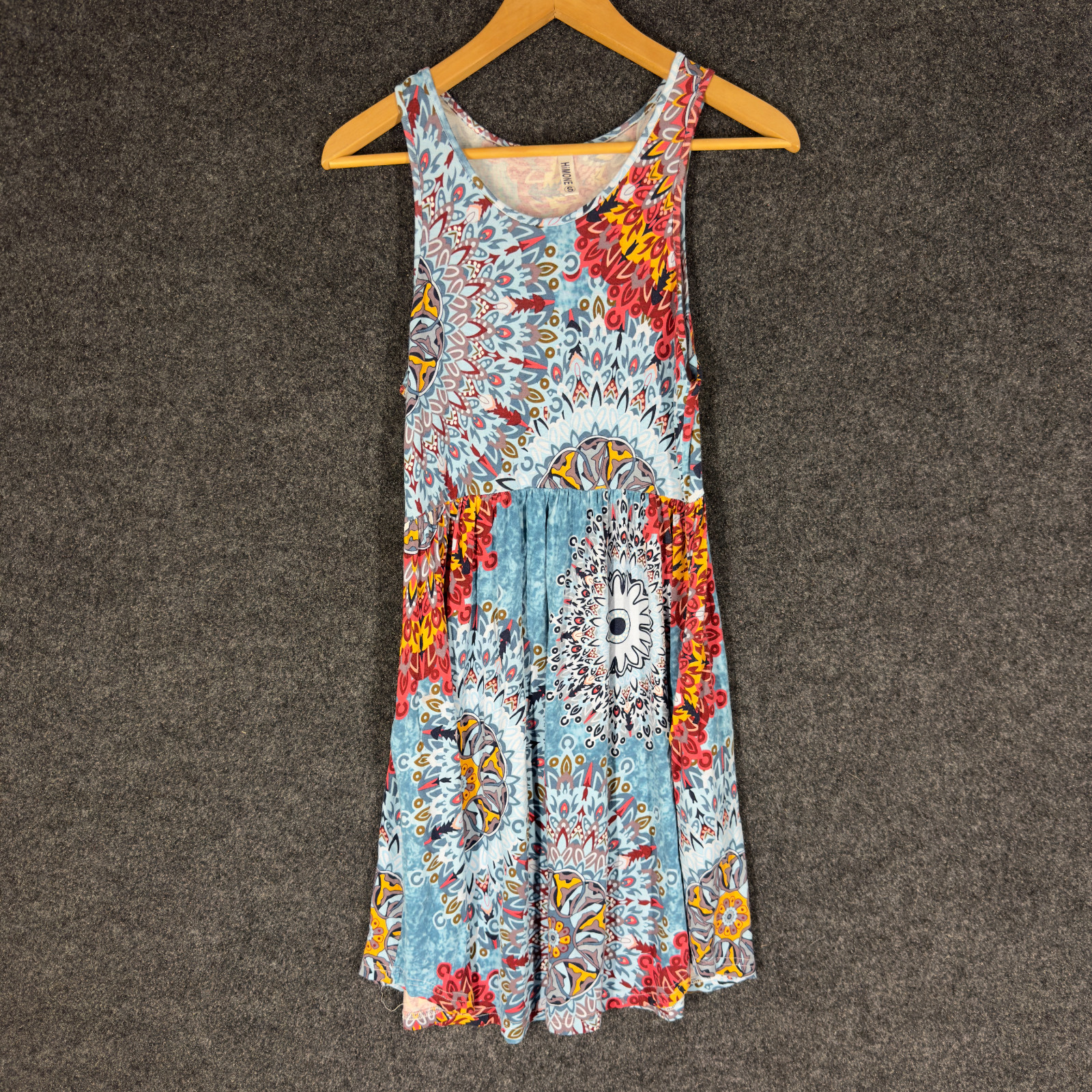 Himone Dress Women S Small Blue Geometric Shift Midi Sleeveless Rayon Casual