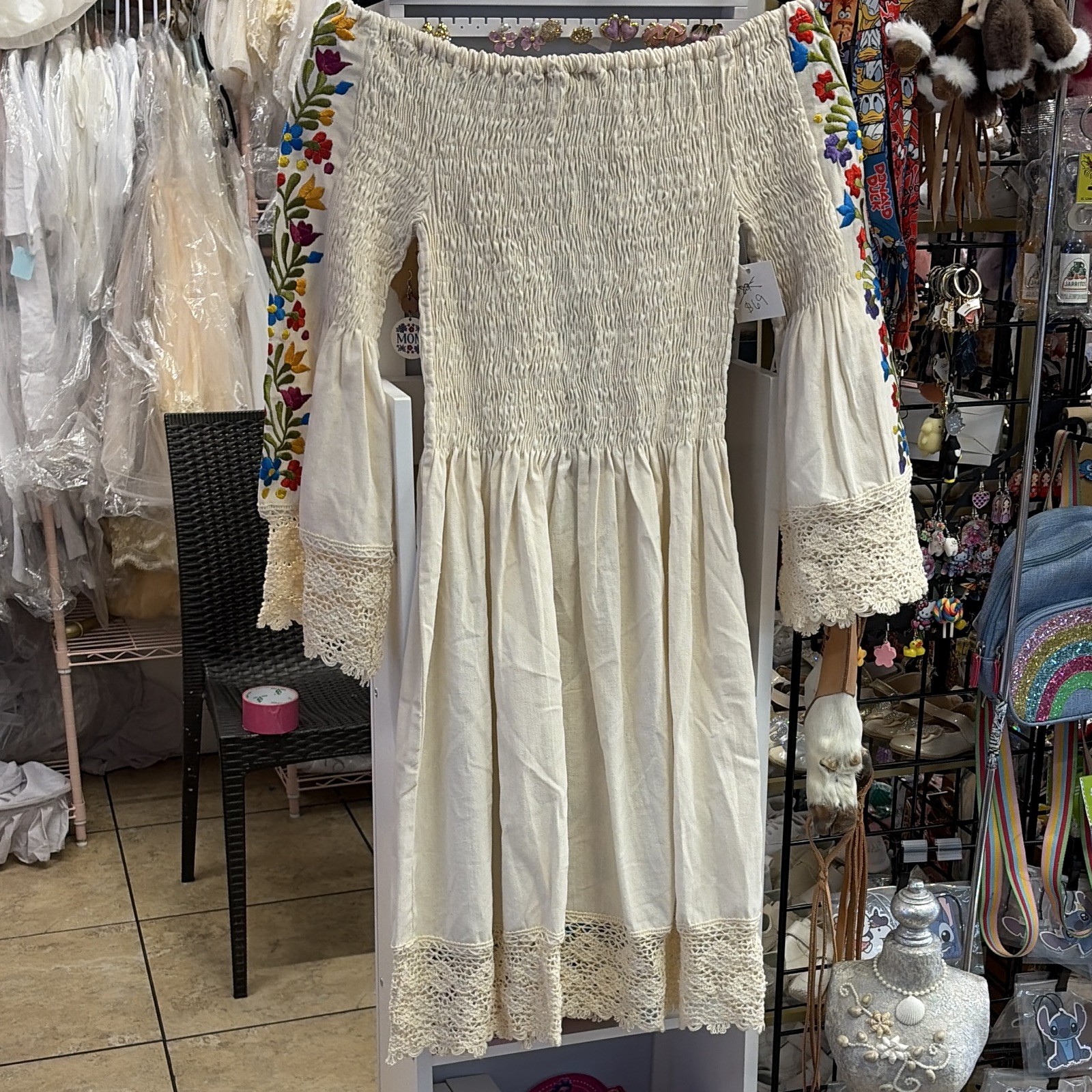 Off Shoulder Smocked Embroidered Lace Trim Midi Dress, White, size m