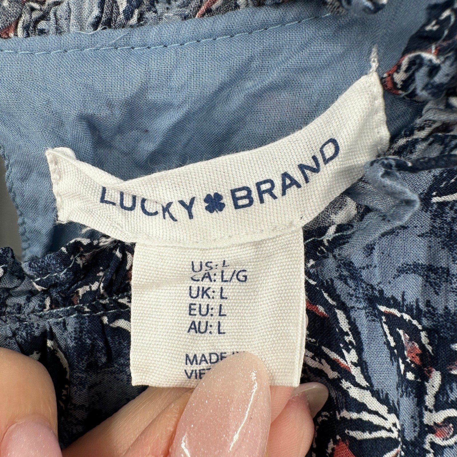 Lucky Brand Blue Floral Ruffle Neck Sleeveless Babydoll Mini Dress Large Cottage