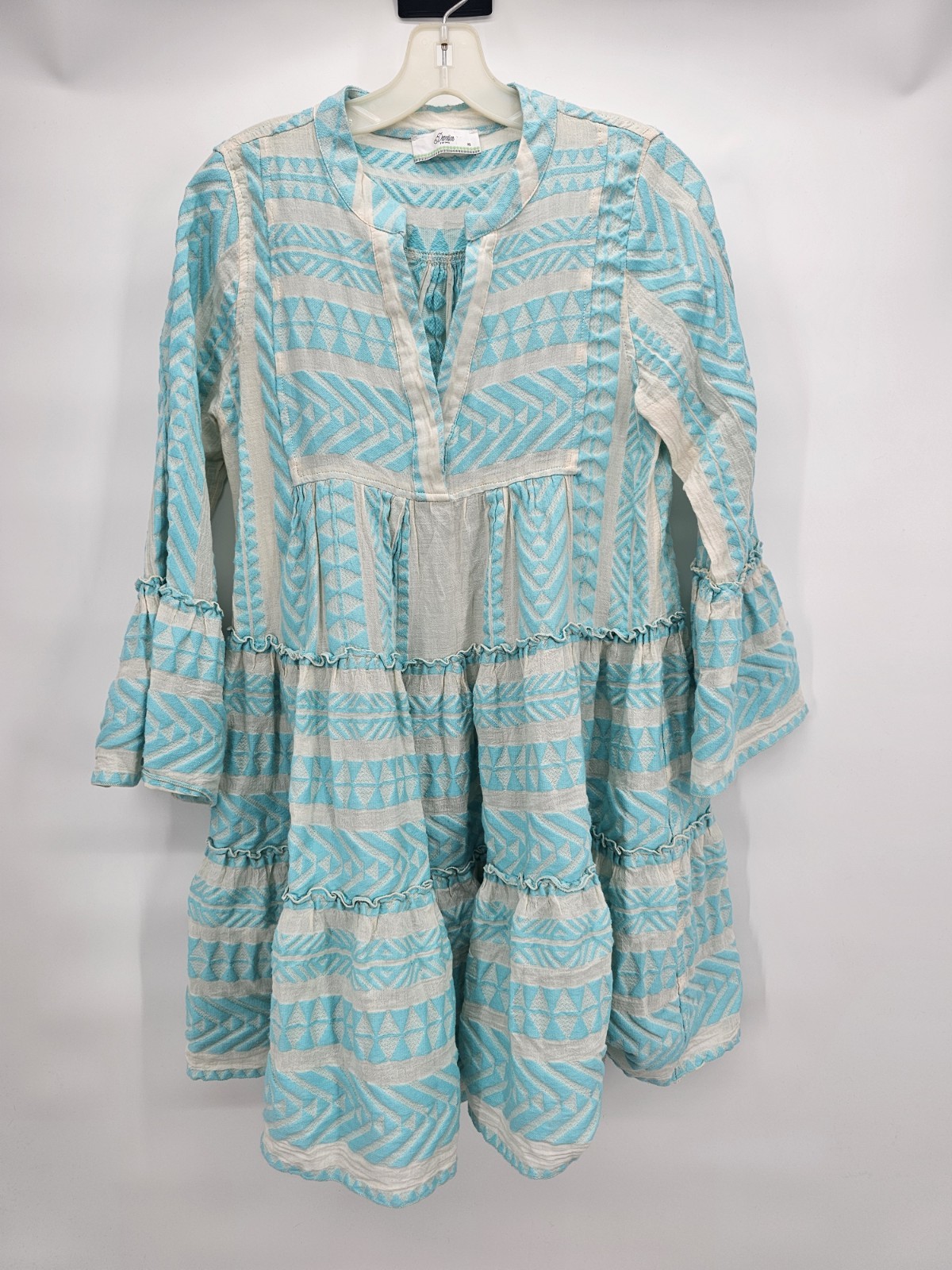 DEVOTION TWINS Ella Tunic Dress Teal Cream Geometric Boho Tiered Women’s Medium