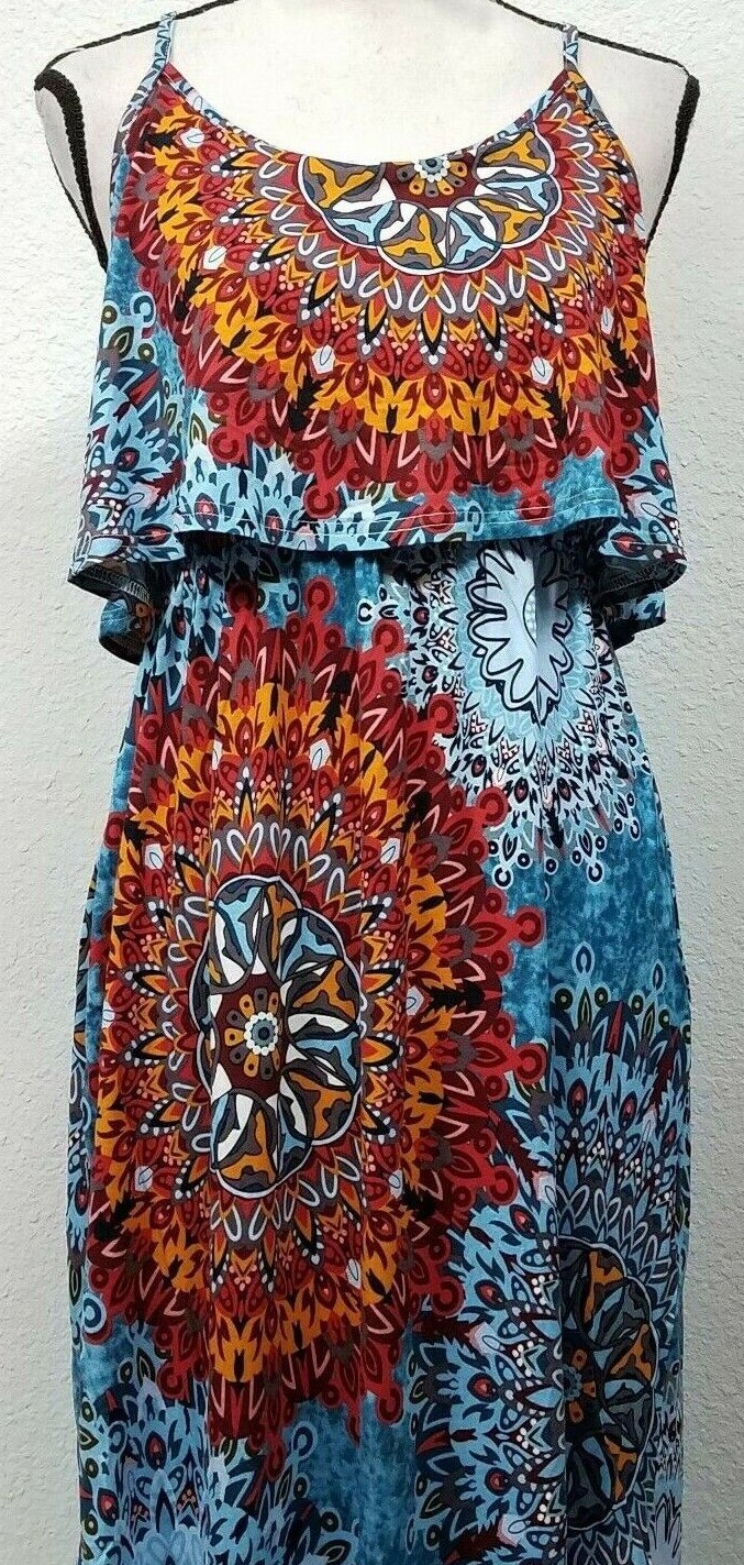 LILBETTER Women’s Adjustable Strappy Split Casual Midi Dress, Flower Mix Blue, M