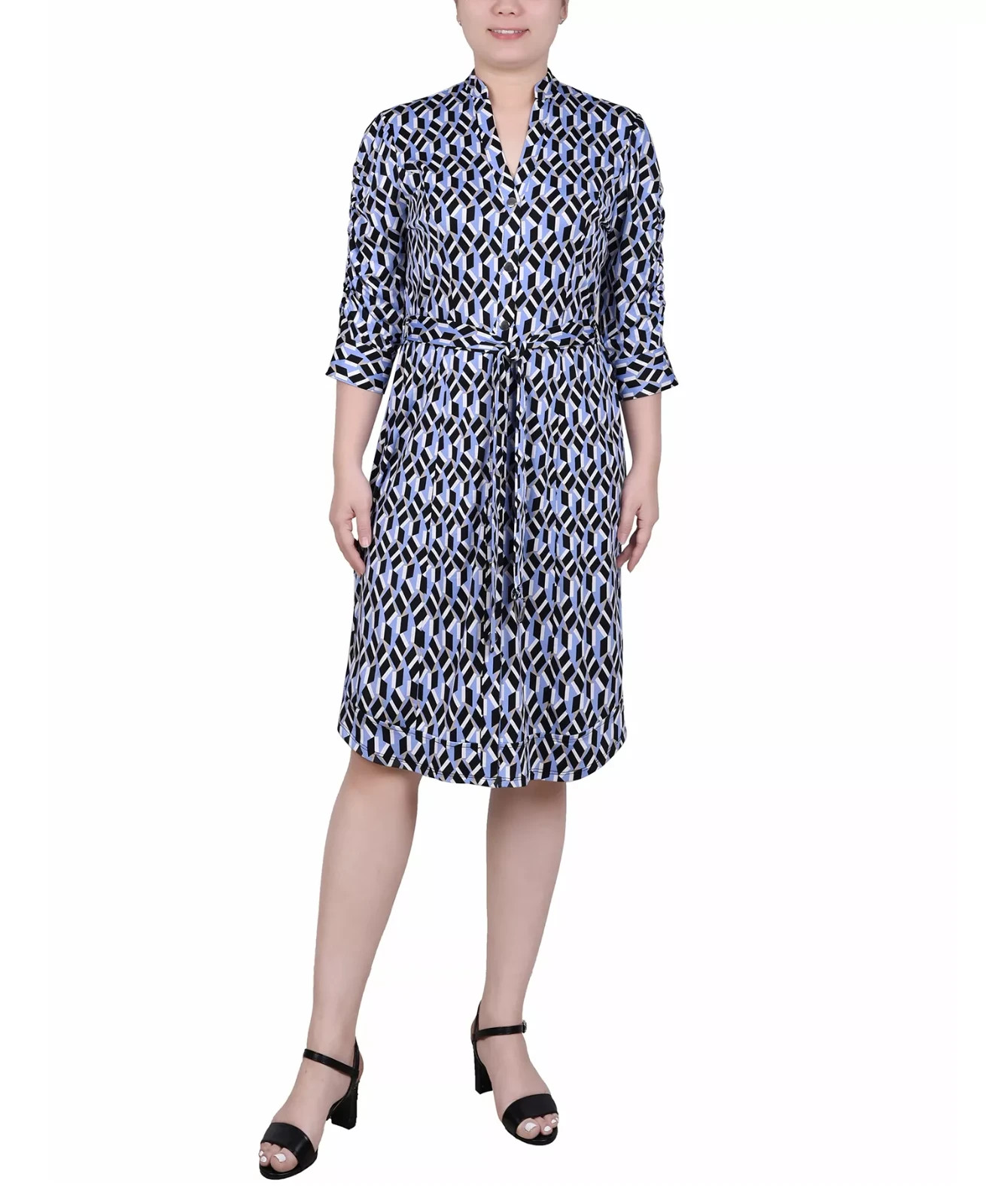 NY Collection Petite Elbow Sleeve Y Neck Shirtdress Multi Size PM 1767