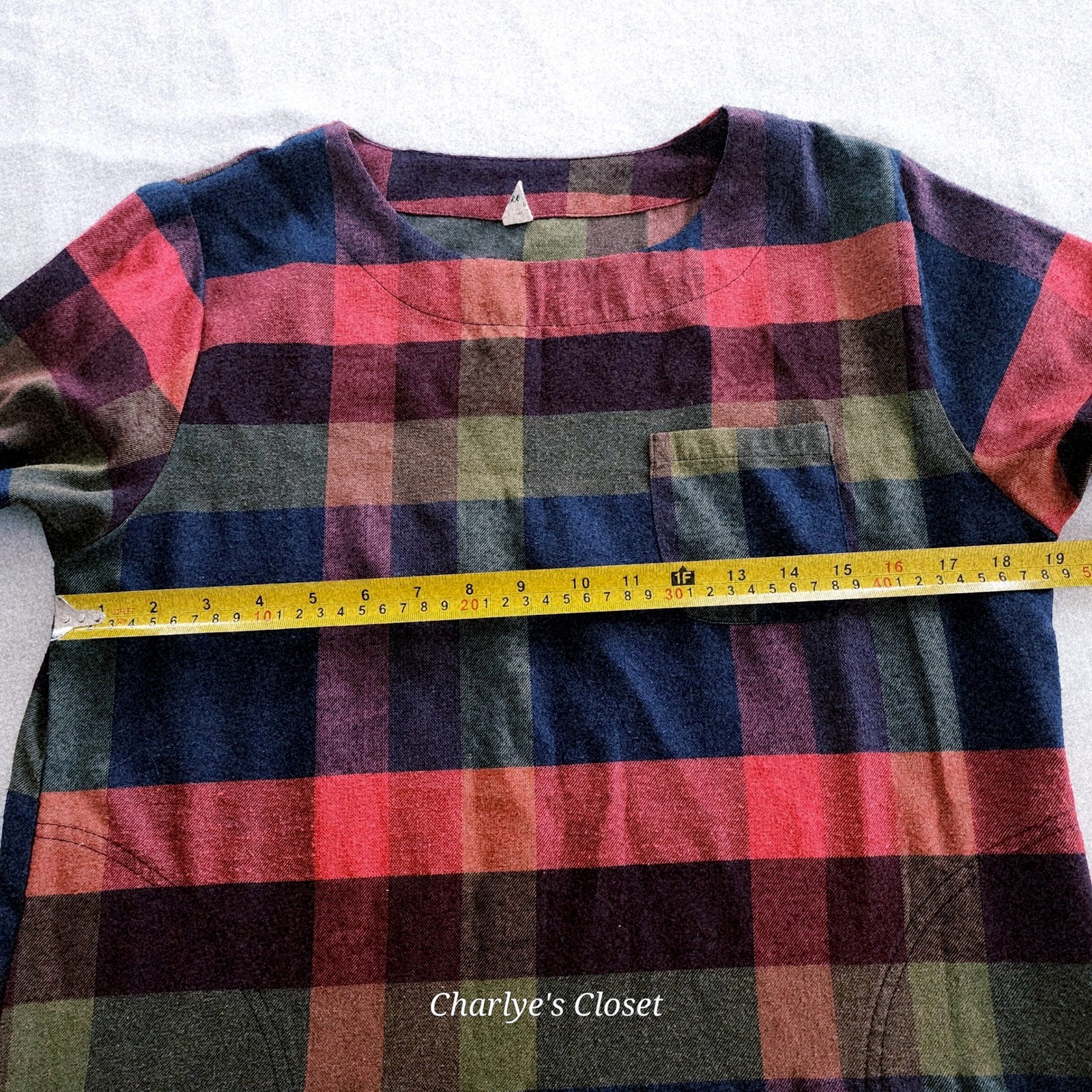Vibrant Plaid Roll Tab Sleeve Pocket Casual Flannel-look Tunic Shirtdress Fits L