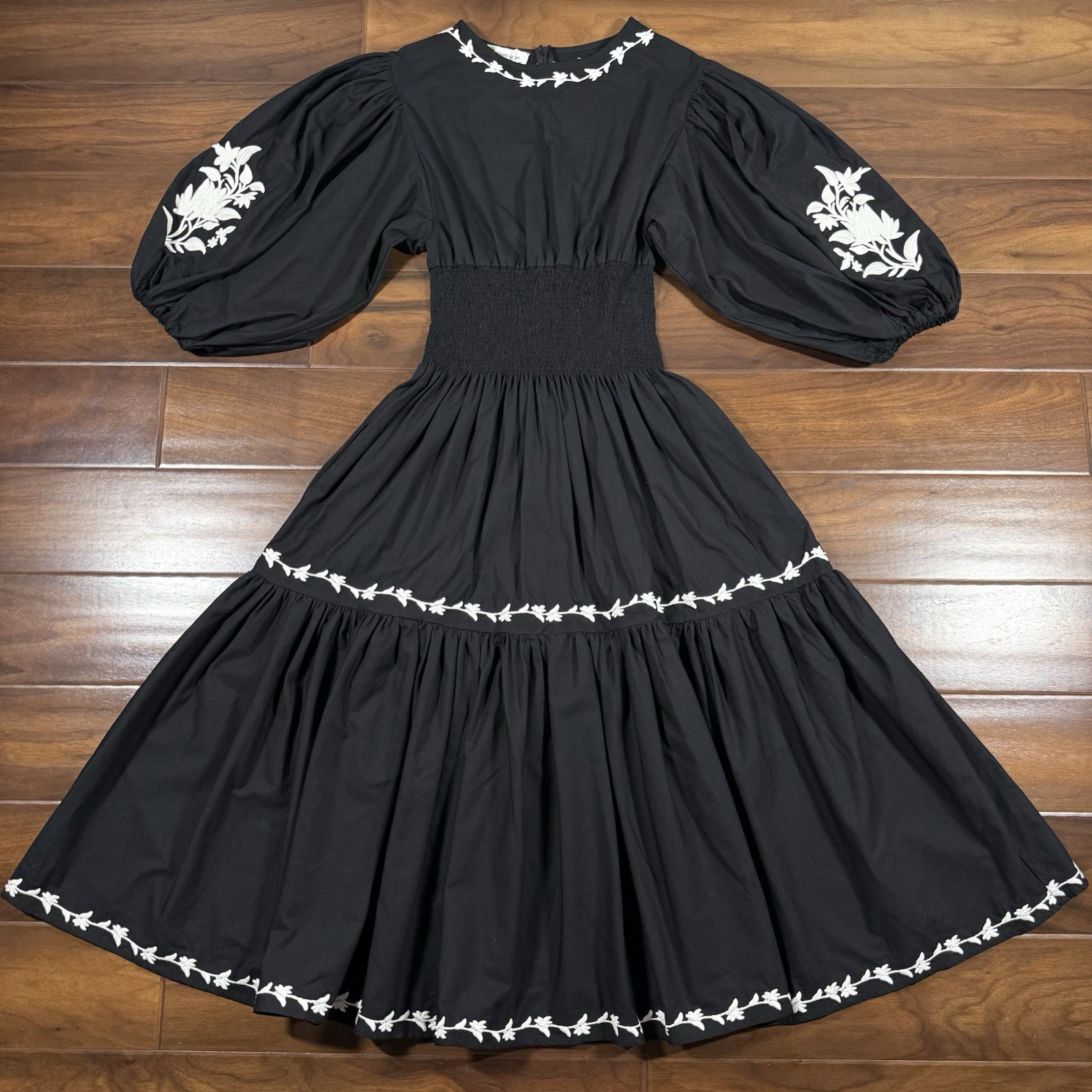 Fanm Mon Women’s Size XS Black Embroidered Sundial Smocked Tiered Midi Dress