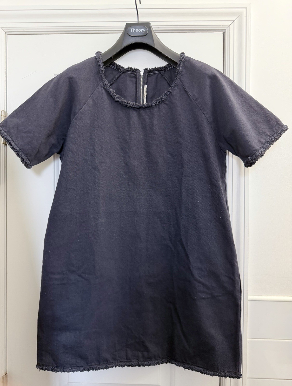 HACHE Navy Shift Mini Dress, Denim Short Sleeve Frayed Distressed 44 S/M Italy