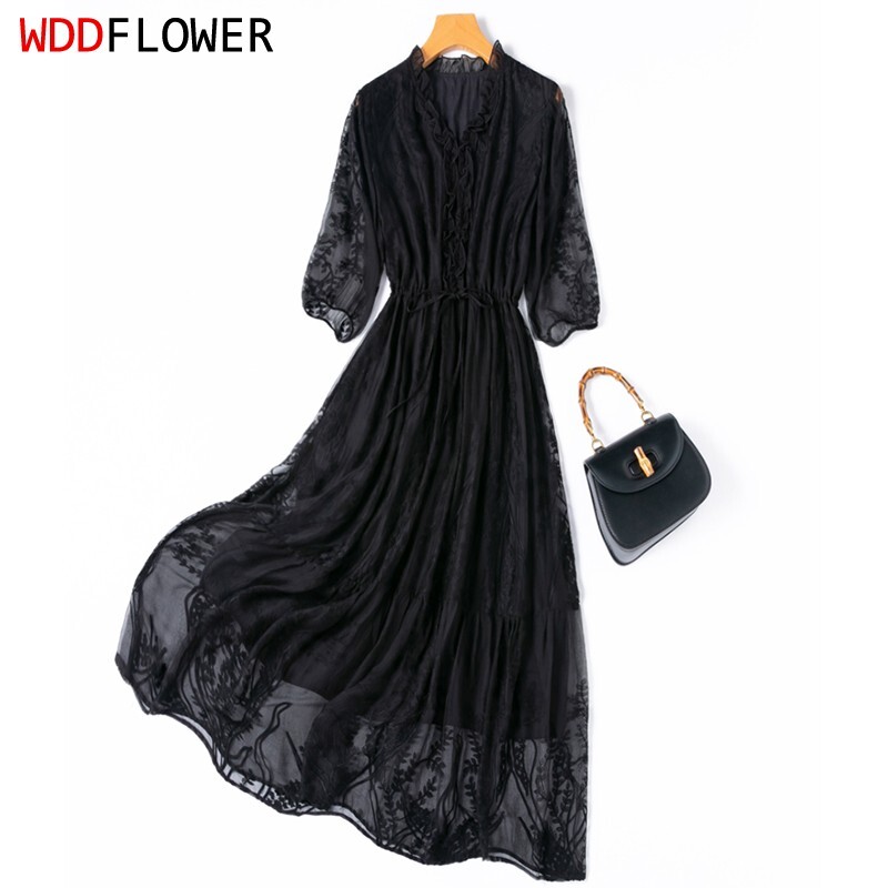 100% REAL Silk Black Embroidery Half Sleeve Belted Waist Women Midi Dress M1387