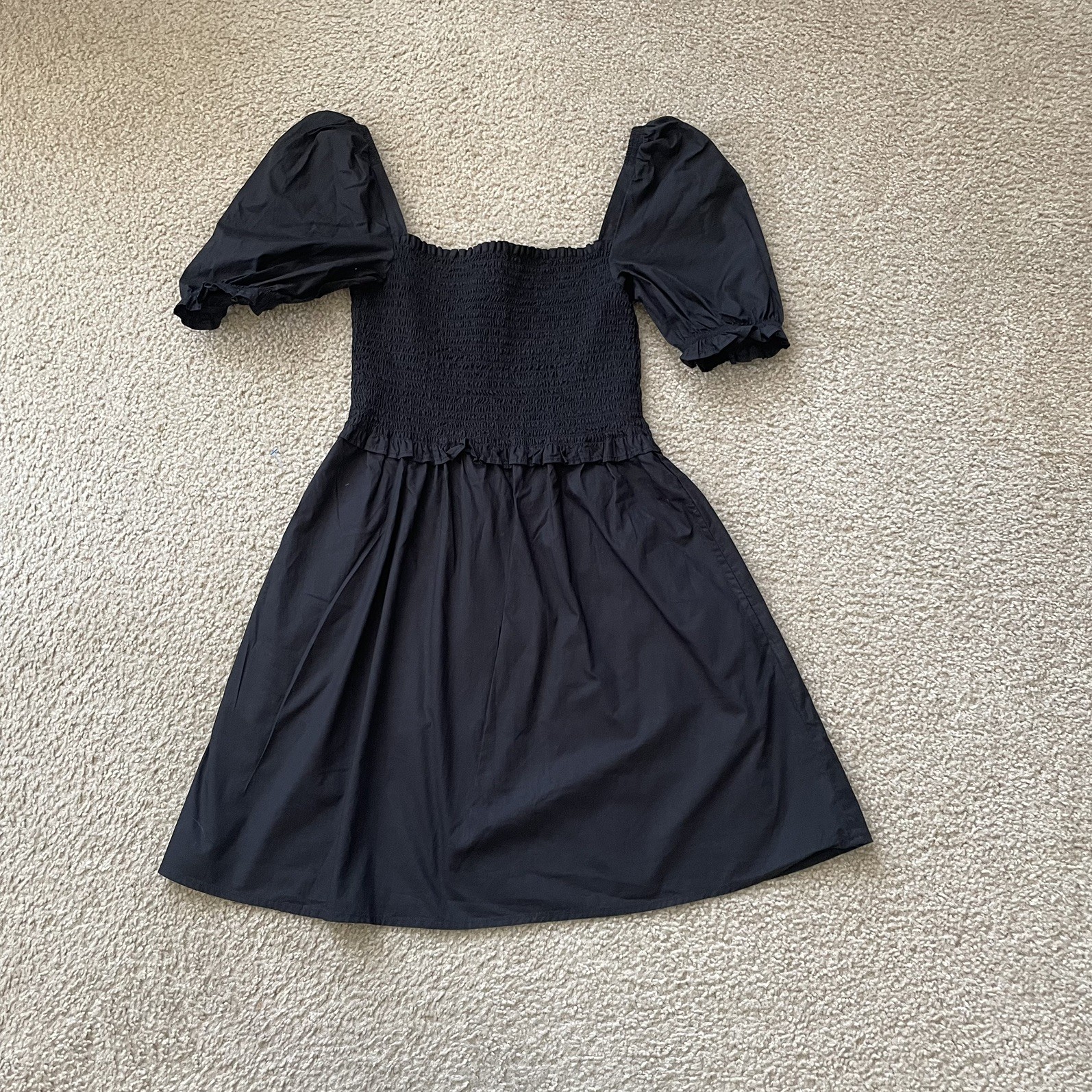 French Connection Black Smocked Puff Sleeve Mini Dress Size 4 Cottagecore LBD