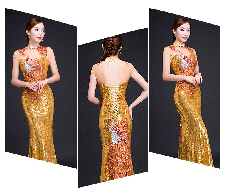 Womens Sequin Peacock Embroidery Gown Cheongsam Formal Stage Evening Qipao Dress