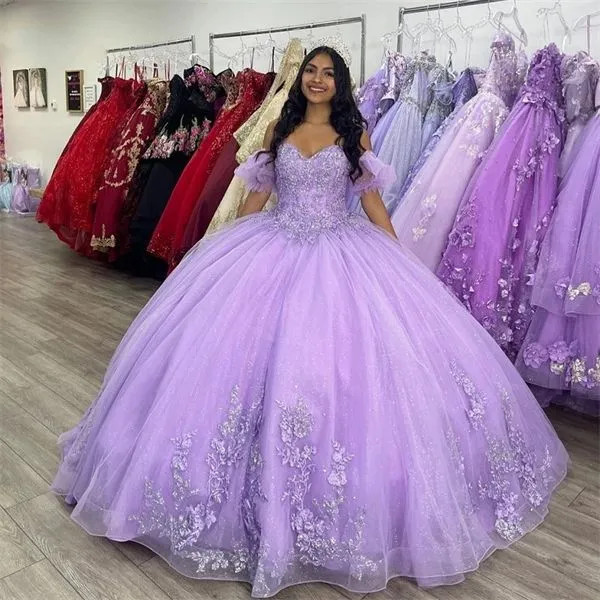 Purple Beaded Applique Off Shoulder Quinceanera Dress Sheer Lace Up Ball Gown