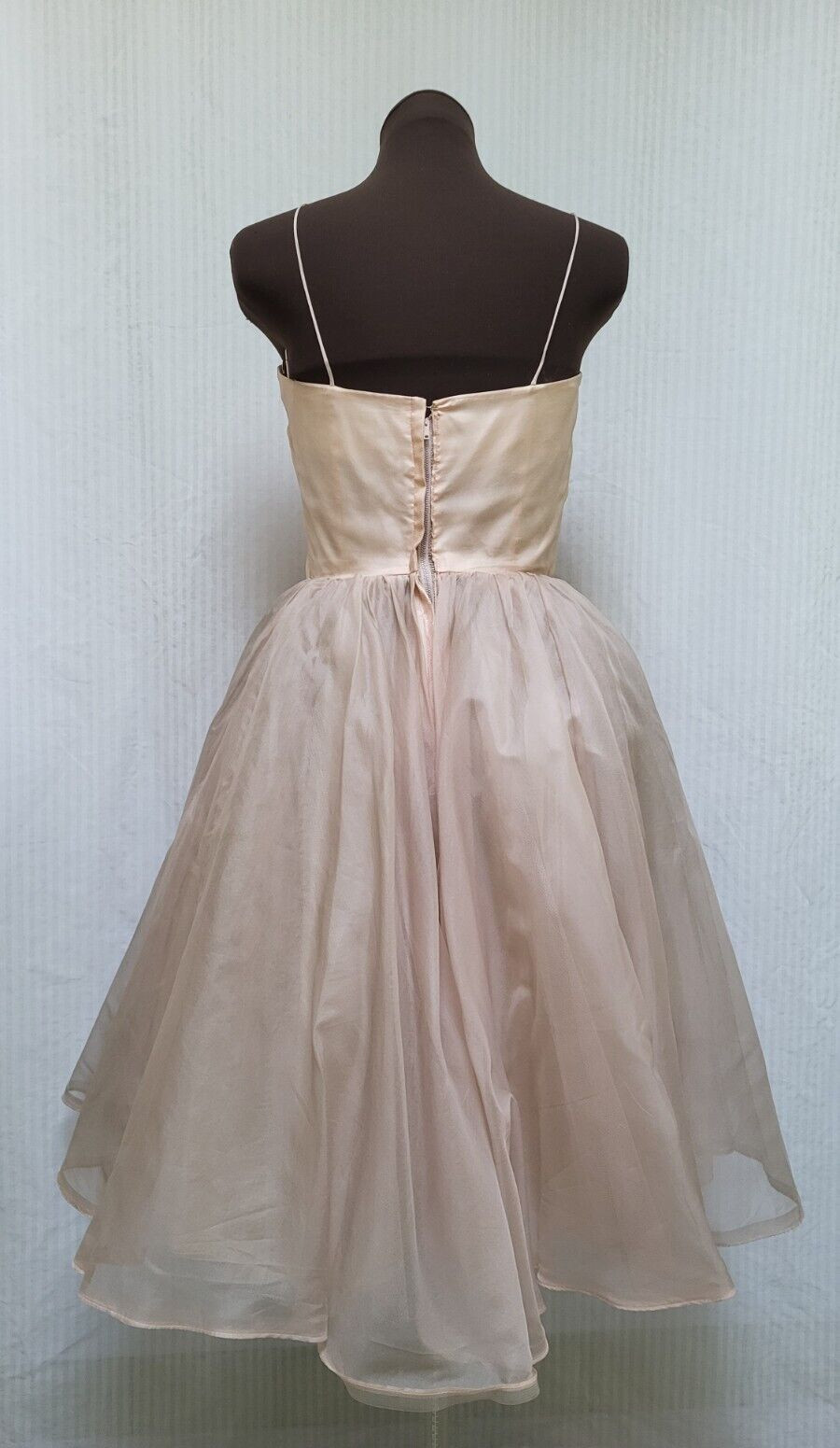 Vintage 1950s Peach Satin Dusty Rose Organza Tulle Party DRESS Size S G2U