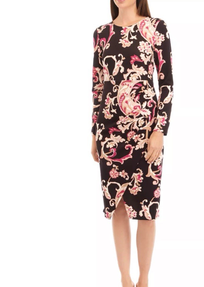 Women’s Floral Dress Size XXL Brown Paisley Long Sleeve Midi Holiday Party Gift