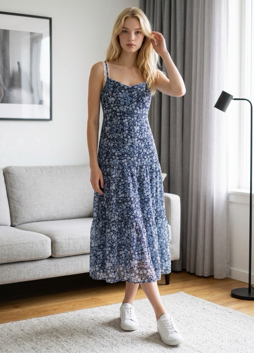 WallFlower Women’s Blue White Floral Spaghetti Strap Square Neck Midi Dress XS