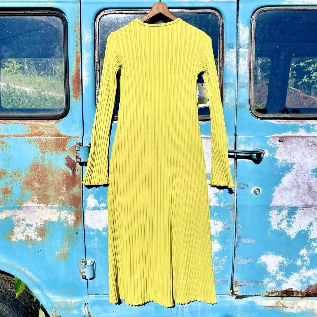 Simon Miller stretchy chartreuse ribbed knit sweater dress long sleeve crewneck