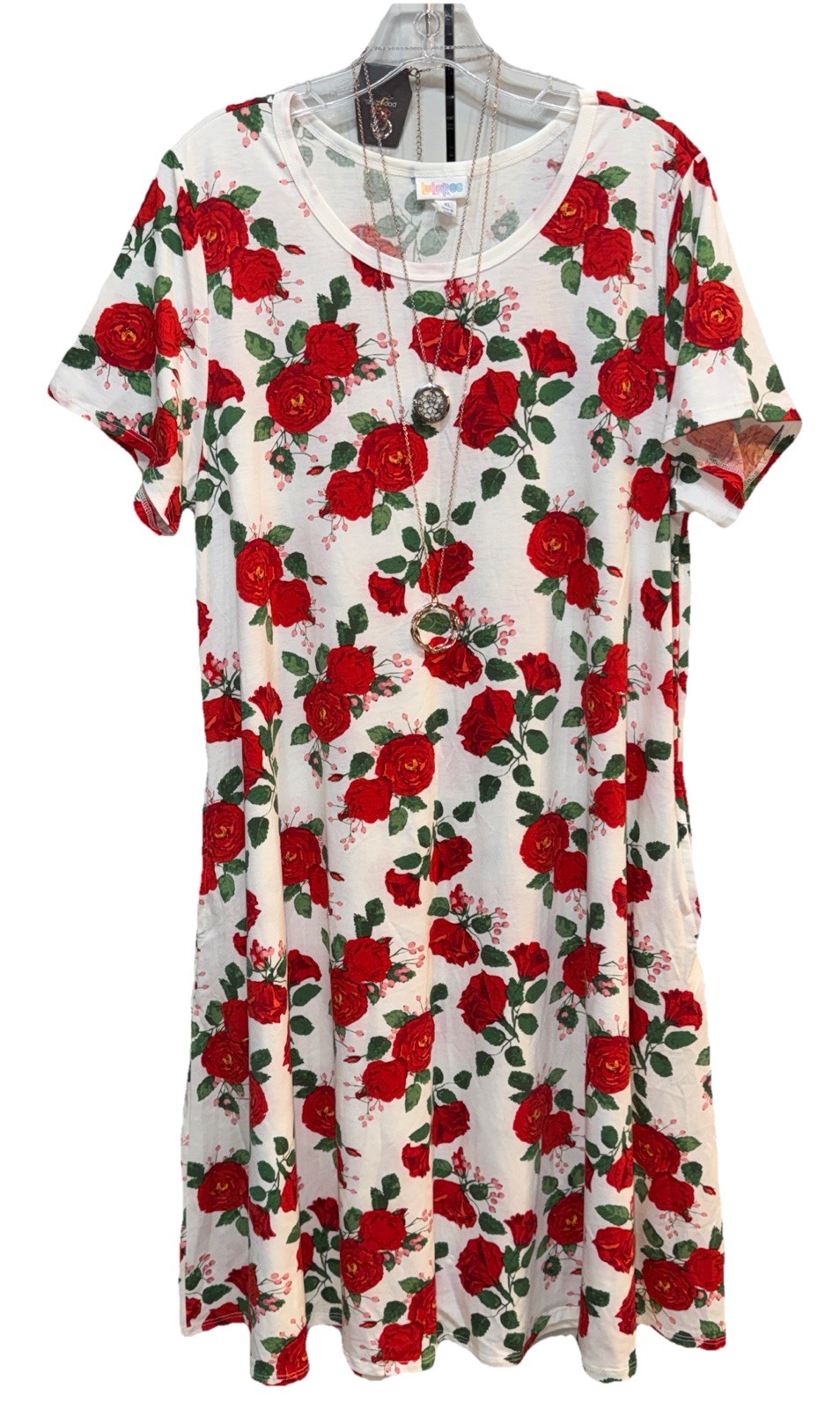 NWT LuLaRoe XL White Red Green Pink Roses Floral Jessie Swing Dress w/Pockets