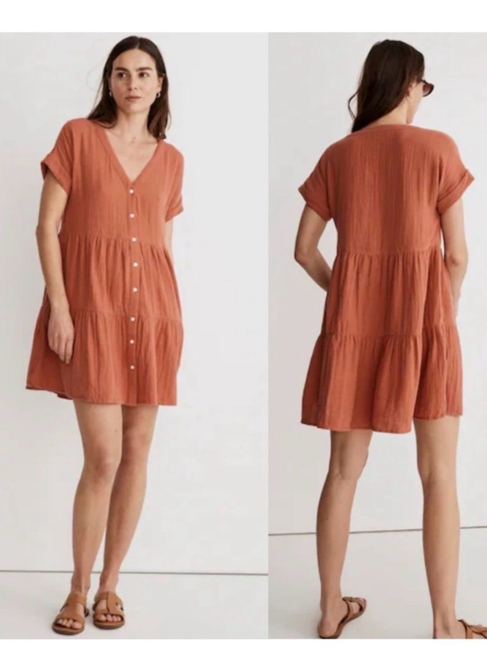 Madewell LG Orange Lightspun Cuff-Sleeve Button-Front Tiered Gauzy Mini Dress