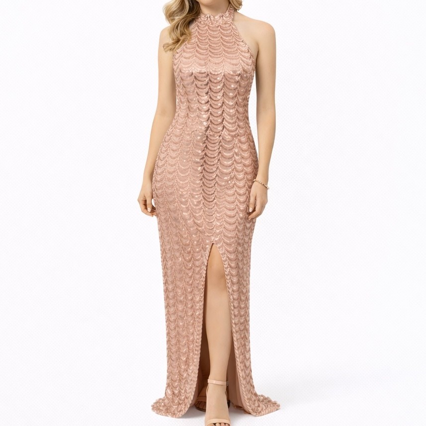 Lulus L Rose Gold Sequin Halter Maxi Dress Slit Formal Party Gala Wedding Guest