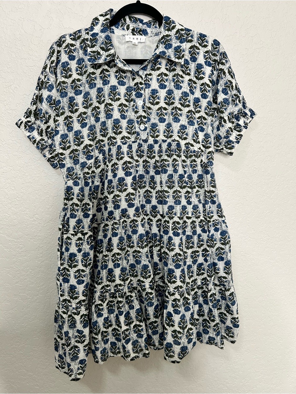 THML Blue Floral Block Print Tiered Mini Dress Metallic Lurex Collared Size M