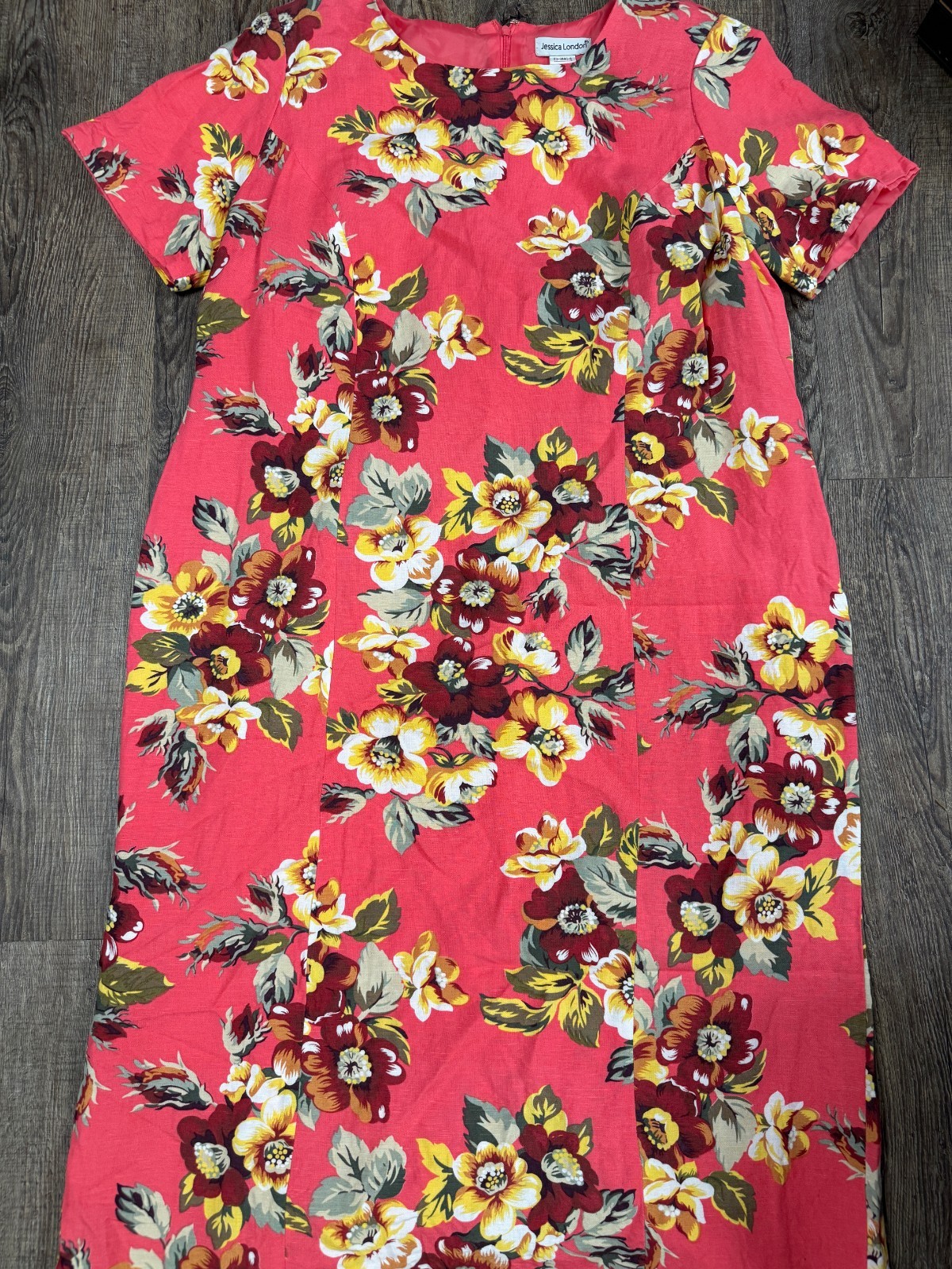 Jessica London Linen Blend Floral Salmon Pink Green Burgundy Yellow Dress 18W
