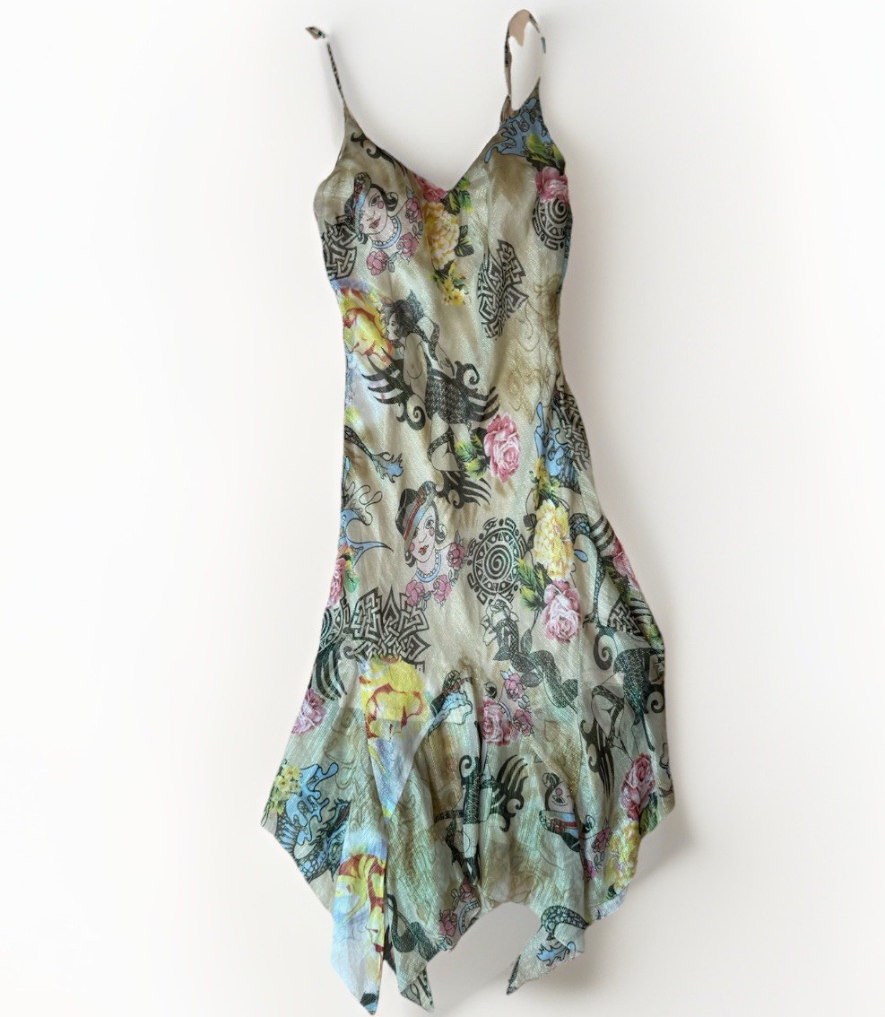 Vintage Sue Wong Dress Women’s Small Multicolor Tattoo Art All Over Print