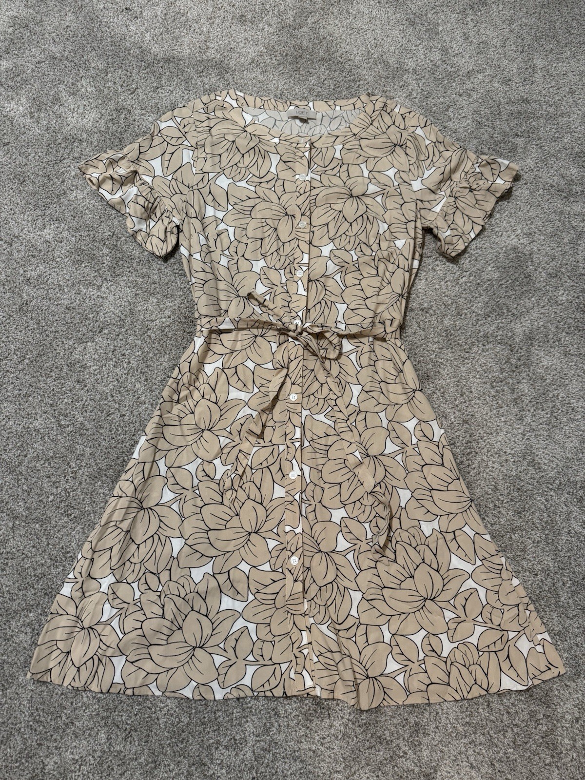 LOFT Floral Knee Length Dress, Ruffle Sleeves, A-line, Preppy, Small