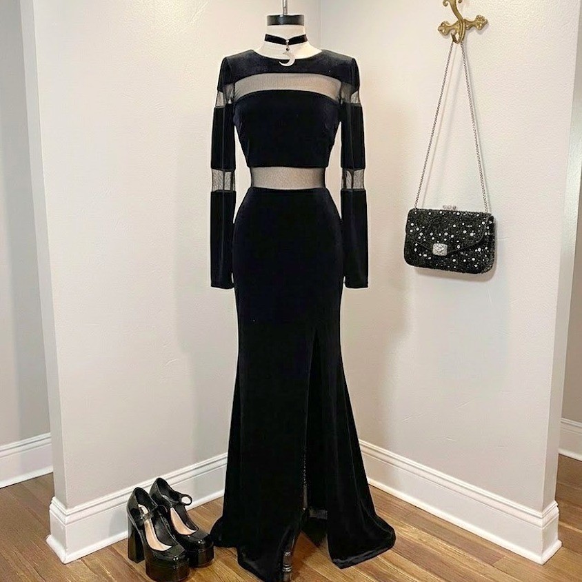 Black Velvet Mesh Maxi Dress Front Slit Goth Gown Size 2 or XSmall Formal