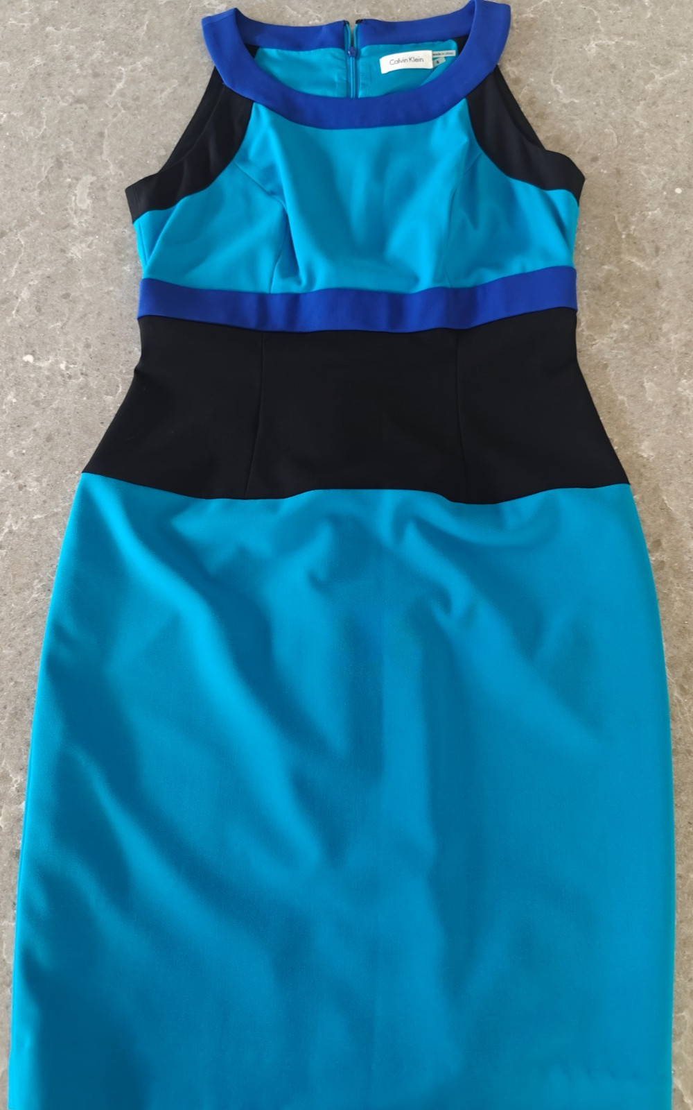 Calvin Klein Dress Size 6 Teal Blue Black Purple Striped Color Block Lined