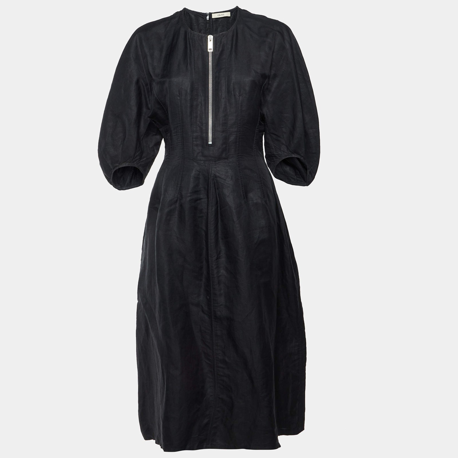 Celine Black Linen Blend Zip Front Balloon Sleeve Midi Dress M