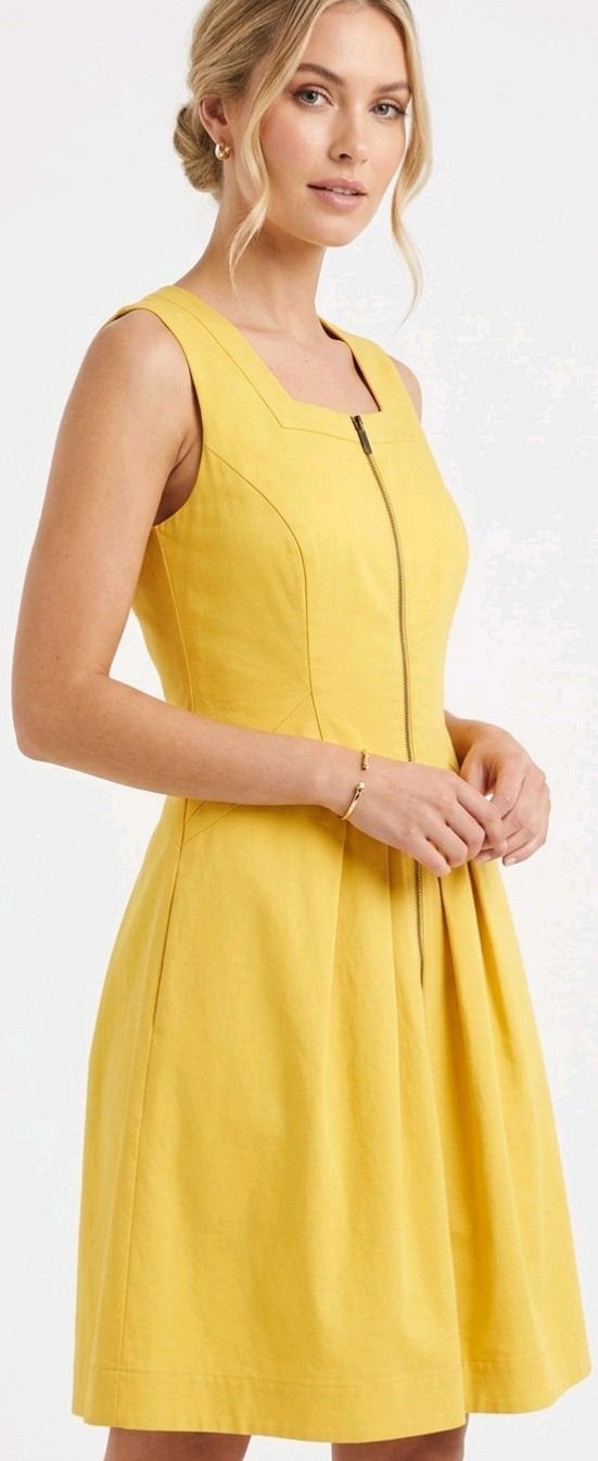 CUE Australia Yellow Zip Front Fit Flare Dress SZ 4 European Fabric Structured