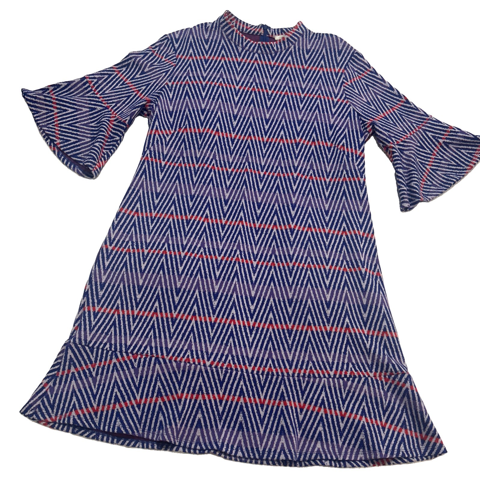 TYLER BOE Size Large MINDY Blue Red Chevron Jacquard Flare Sleeve Dress Boho