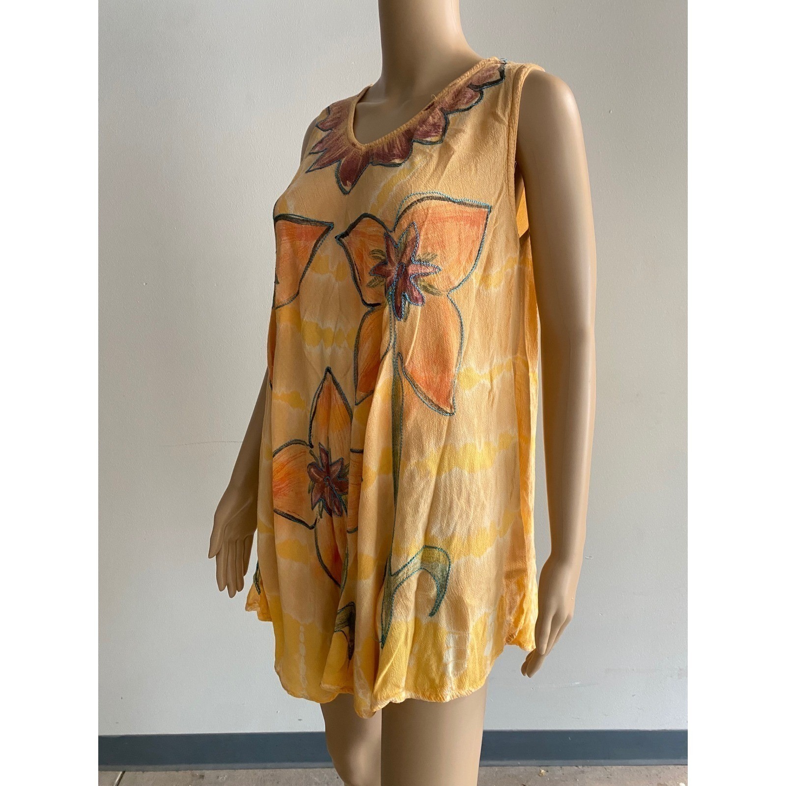 Sunflower Batik Floral Crinkle Cover Up Tunic Dress Yellow Boho OS Lagonlook