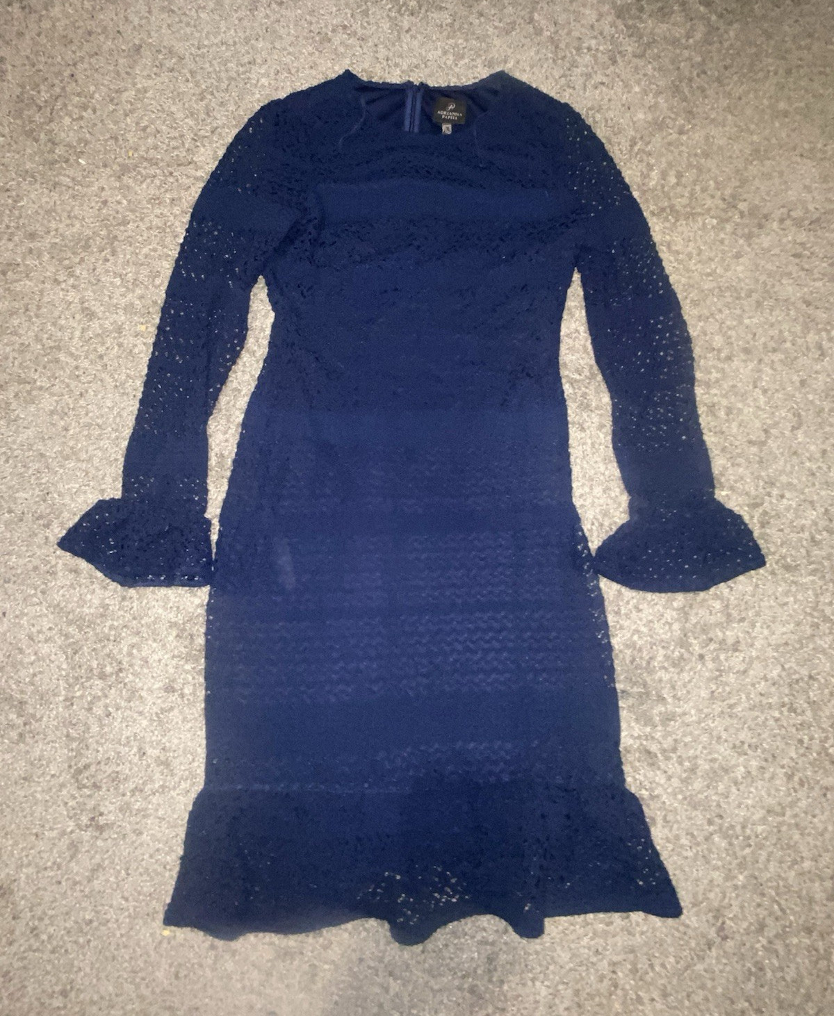 Adrianna Papell Blue Solid Lace Sheath Dress Round Neck Bell Sleeve Lined 14