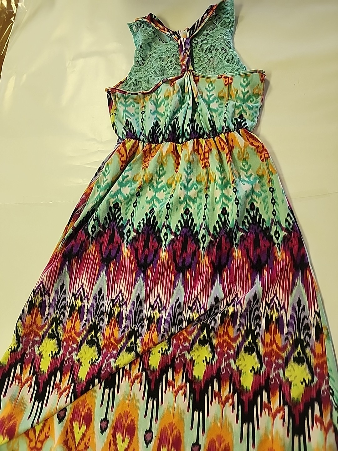 Squeeze Multicolored Elastic Waist Lace back Sleeveless Maxi Dress sz L