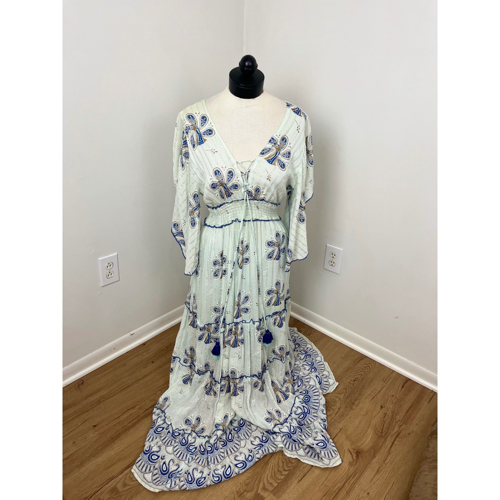 Whimsical Boho Butterfly Maxi Dress Large Mint Green Metallic Kimono Sleeve